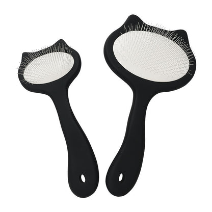 Black cat-ear pet slicker brush in two size views on white background
