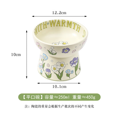 Dog bowl ceramic green white flowers