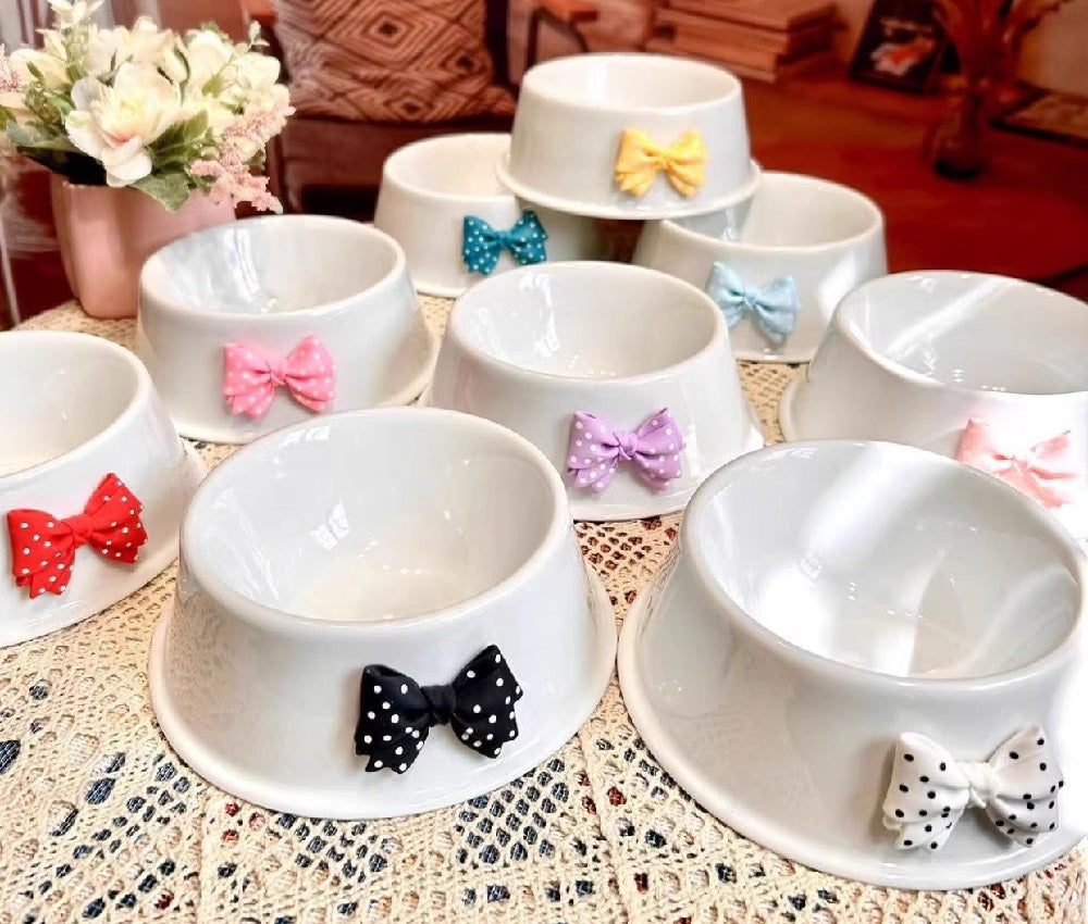 Dog pet bowl ceramic dot bow