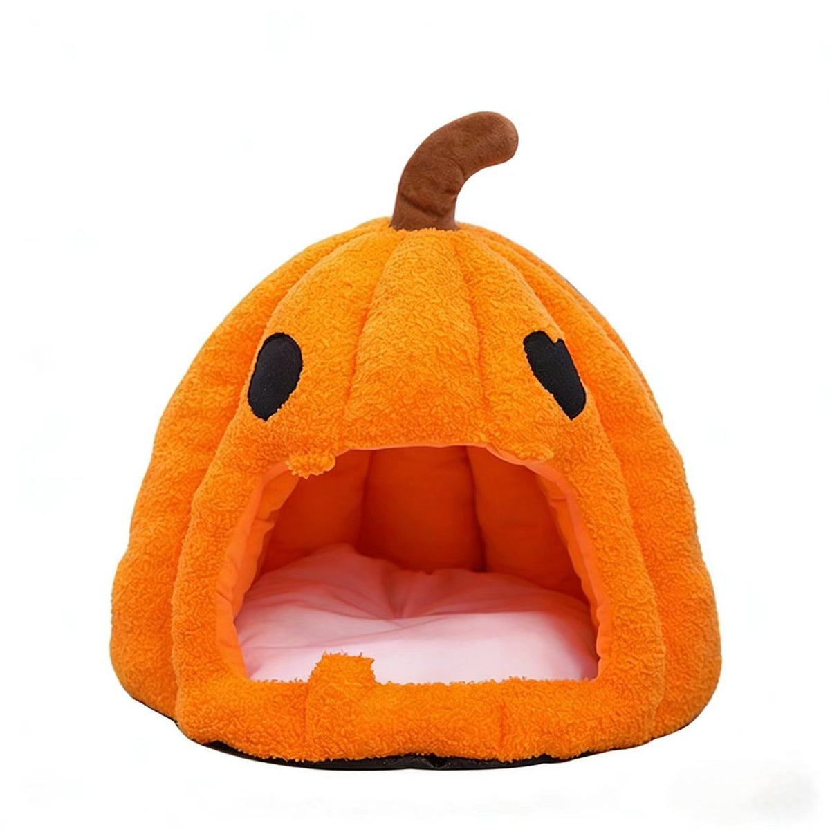 Front studio view of orange pumpkin-shaped pet cave bed with wide entrance
