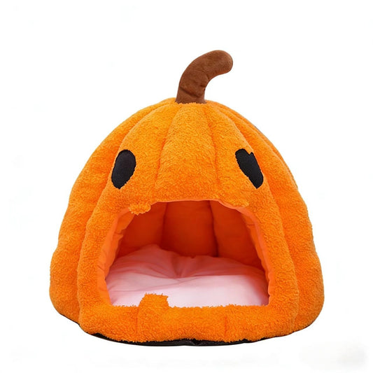 Front studio view of orange pumpkin-shaped pet cave bed with wide entrance