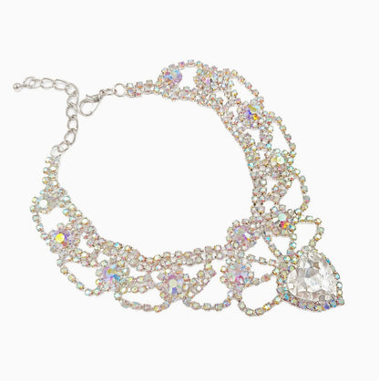 Iridescent heart pet necklace angled view with silver color chain, adjustable extender, clasp, and heart pendant