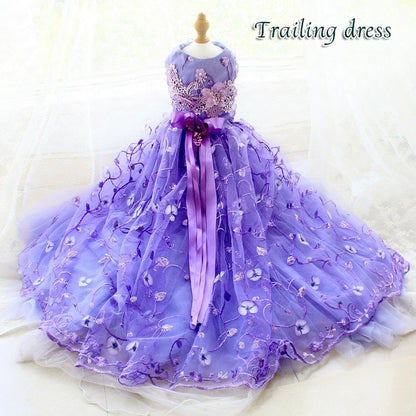 Handmade Luxury Pet Trailing Dress Dogs Cats Floral Embroidered Purple Gown