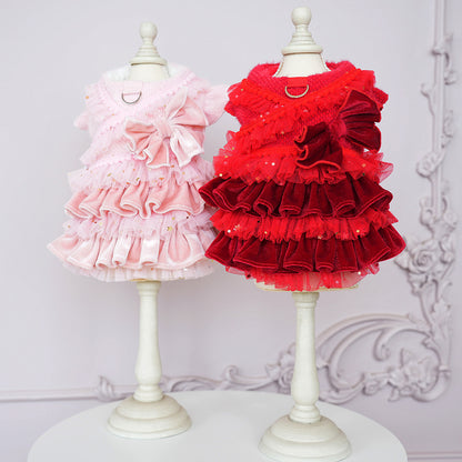 Pet Velvet Layered Tulle Dress with Bow