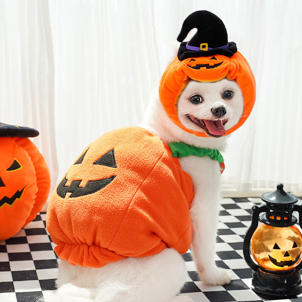 Dog Pumpkin Costume with Plush Hood & Elastic Fit+Hat Set