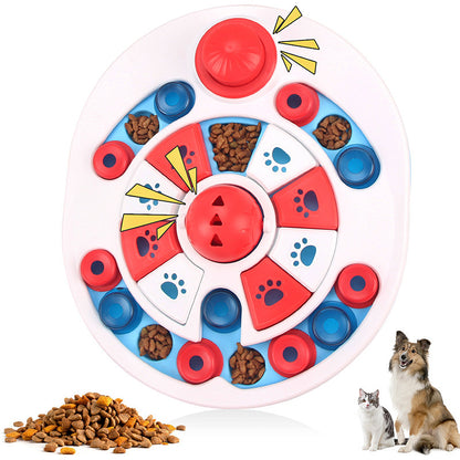 Red blue round level 2 pet puzzle feeder toy with kibble compartments and covers
