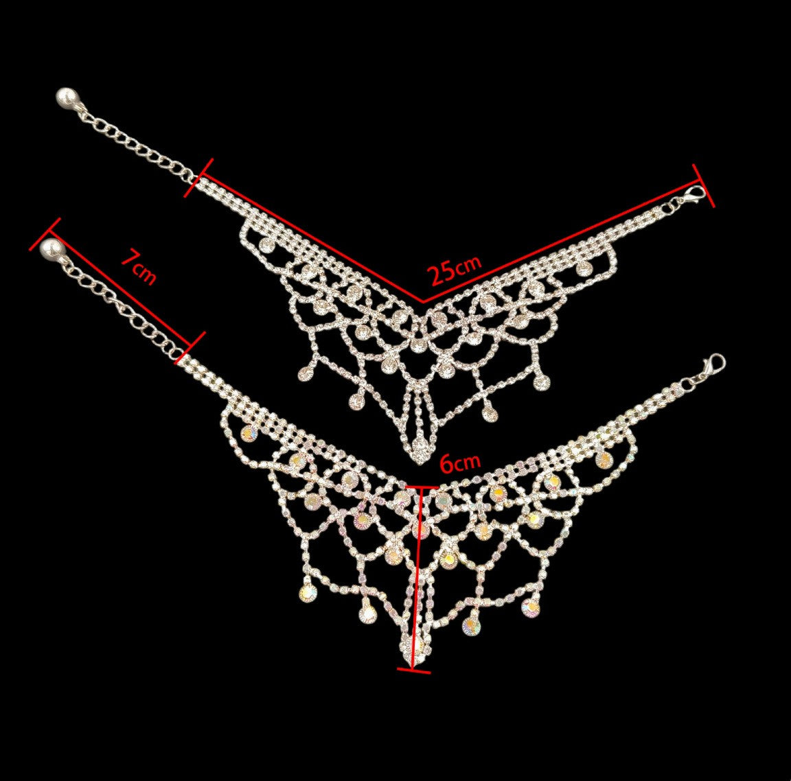 Silver pet necklace size image showing 25 cm necklace length, 7 cm extender chain, and 6 cm front drop