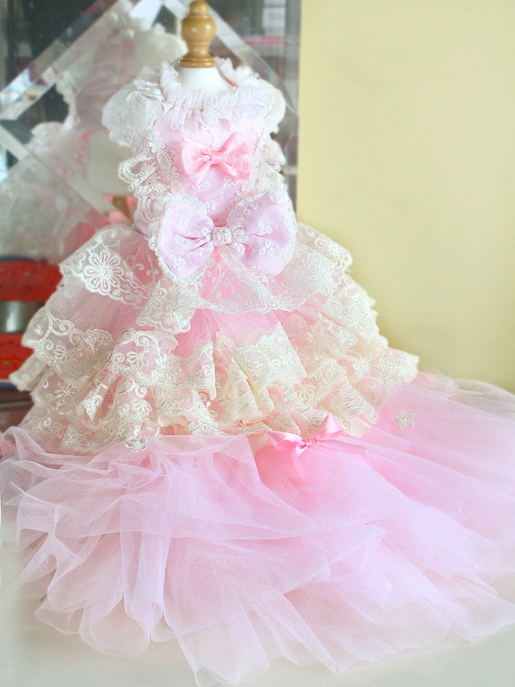 Elegant Pink Lace Dog Dress Trailing Handcrafted Princess Tutu Gown for Wedding Party