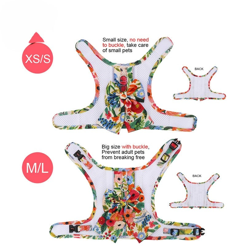 Floral Bow Mesh Dog Harness Dress with Leash