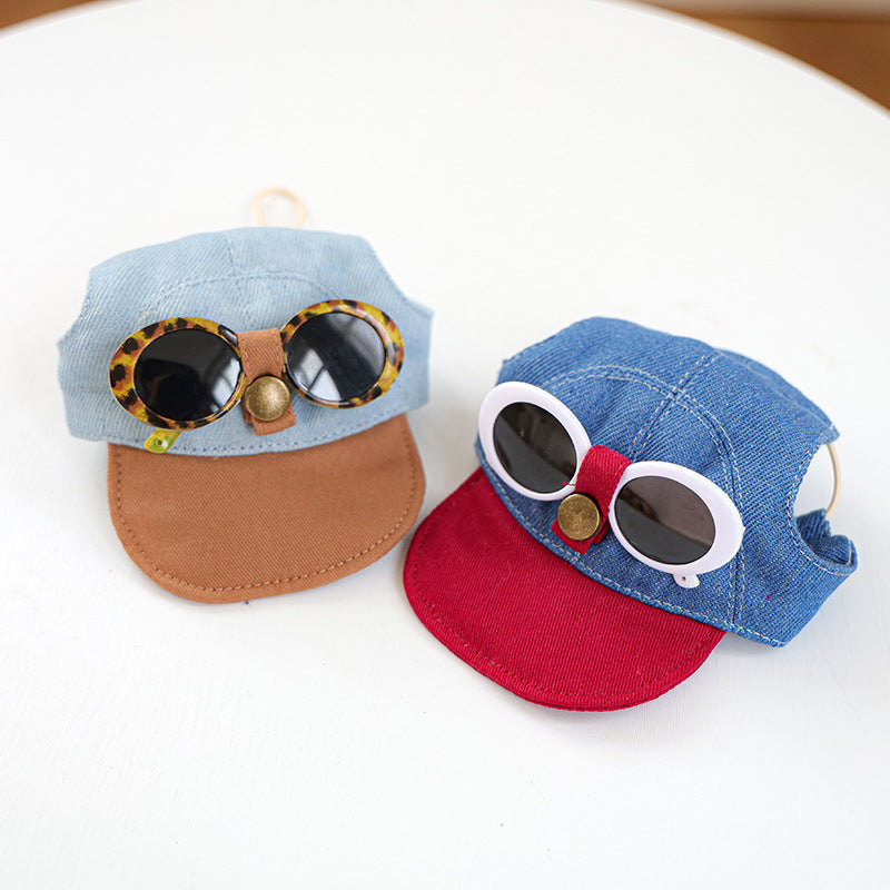 Denim Pet Cap with Red Brim and Sunglasses