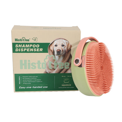 Green Coral shampoo dispensing pet bath brush with fine silicone bristle side and box