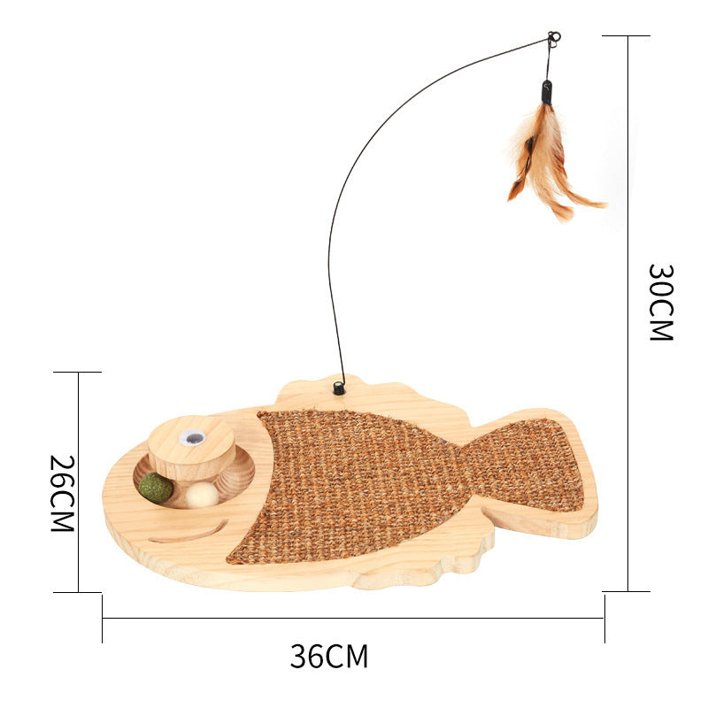 Fish shaped sisal cat scratching board showing dimensions, feather teaser and interactive wooden toy for indoor cats