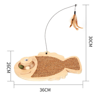 Fish shaped sisal cat scratching board showing dimensions, feather teaser and interactive wooden toy for indoor cats