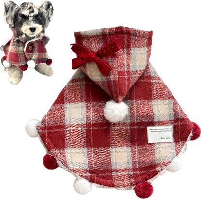 Plaid Pet Hooded Cape with Fuzzy Lining & Pom-Poms