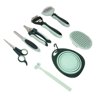 Pet grooming kit tools including brushes bowl nail clipper scissors and toothbrush