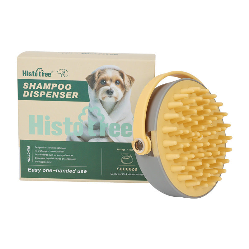 Gray Yellow shampoo dispensing pet bath brush with thick silicone bristles and product box