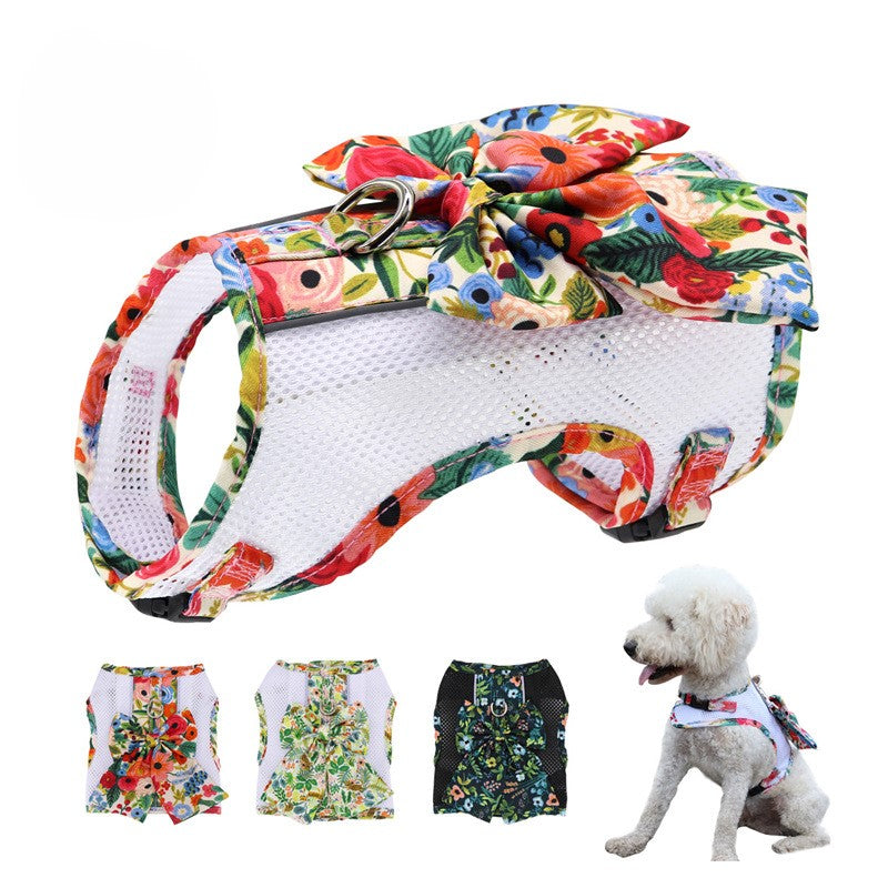 Floral Bow Mesh Dog Harness Dress with Leash