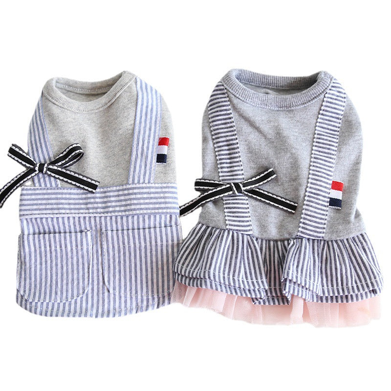 Matching gray suspender pet shirt and dress displayed side by side