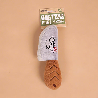 Gray and brown plush knife pet toy with embroidered cartoon face