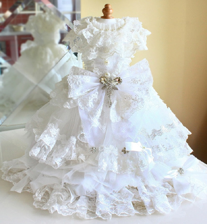 Full front view of luxury white pet wedding gown
