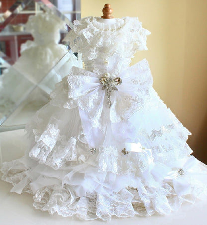 Full front view of luxury white pet wedding gown