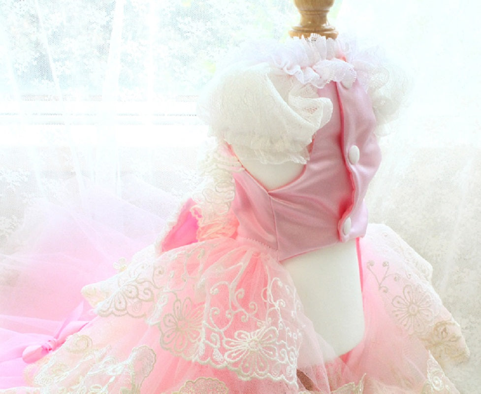 Elegant Pink Lace Dog Dress Trailing Handcrafted Princess Tutu Gown for Wedding Party