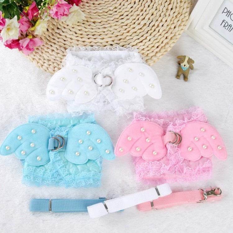Angel Wings Lace Dog Harness with Pearl Details & Matching Leash