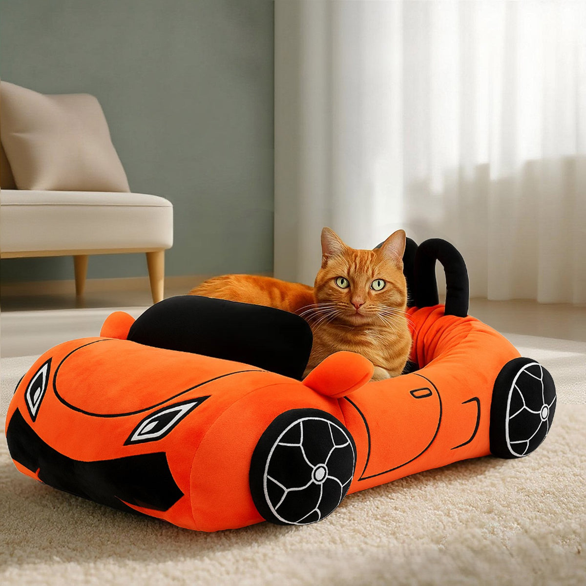 Orange tabby resting in an orange plush race car pet bed in a living room