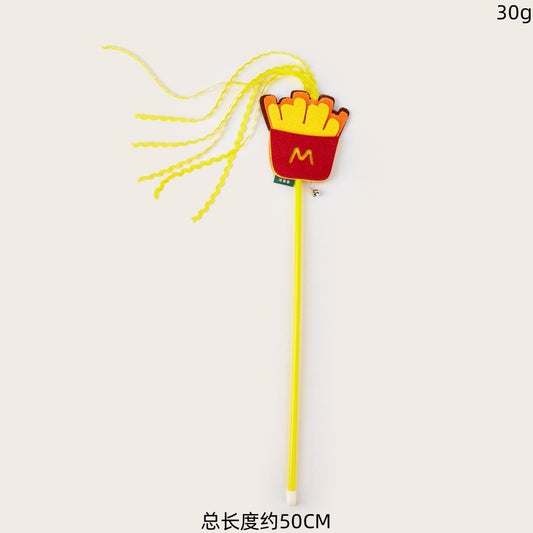 French fries cat teaser wand with yellow curly streamers and bell