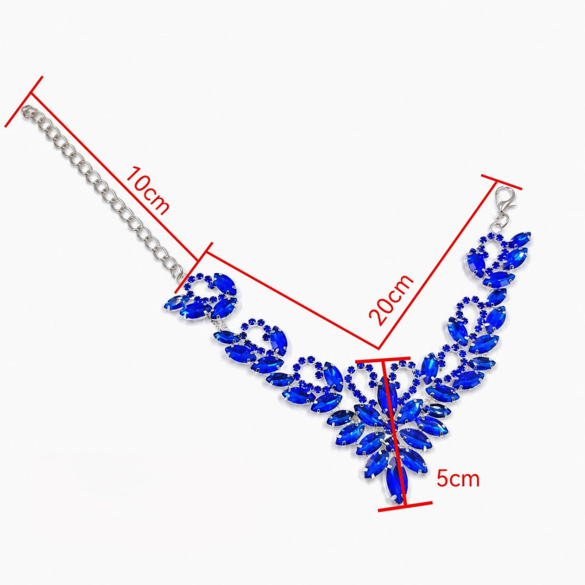 Blue pet necklace size image showing 20 cm necklace length, 10 cm extender chain, and 5 cm drop