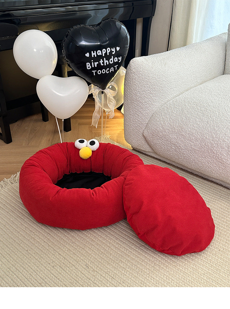 Monster Face Round Bolster Cat Bed - red bed with removable center cushion - image 3