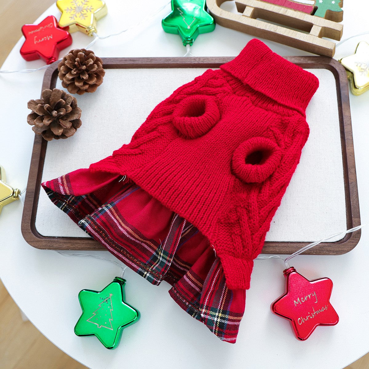 Christmas Sweater Knit Bow Dress for Dogs & Cats – Red Plaid