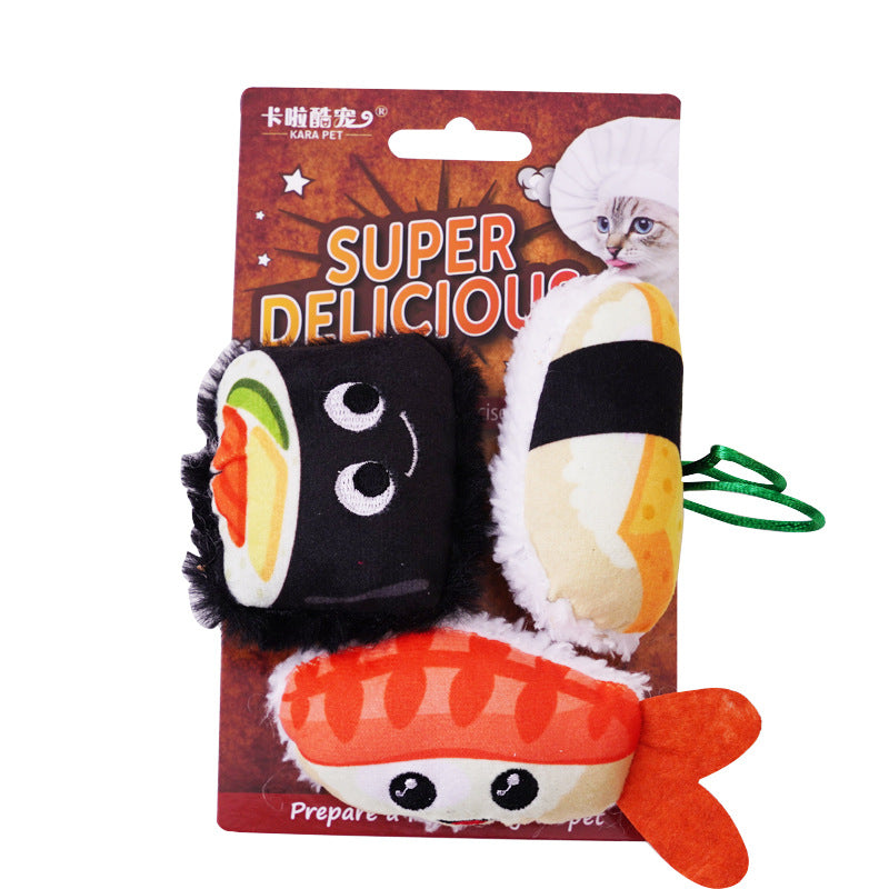 Sushi Trio cat toy set with fish sushi roll and rice ball plush pieces