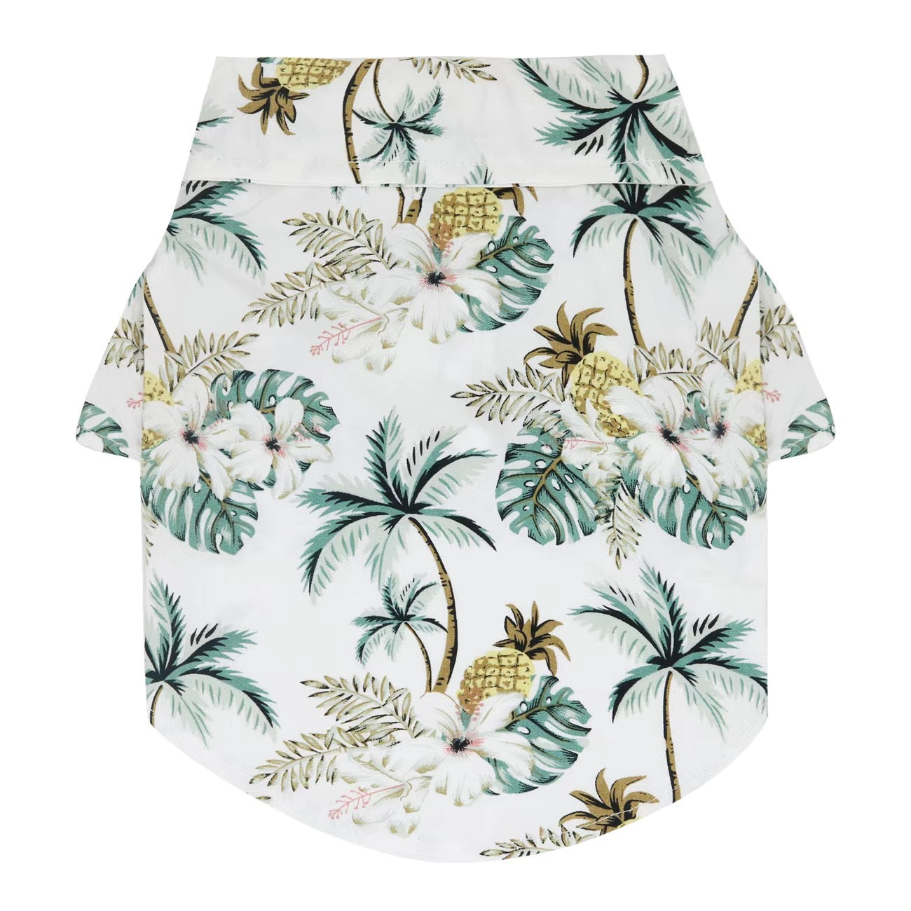 White tropical dog shirt with palm leaves pineapple and floral print