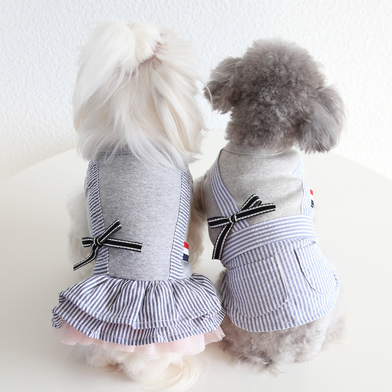 Two dogs in coordinated gray striped pet shirt and tulle dress