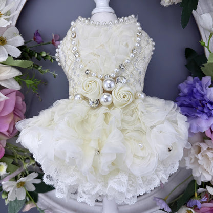 Handmade Luxury Pearl & Rose Lace Pet Dress