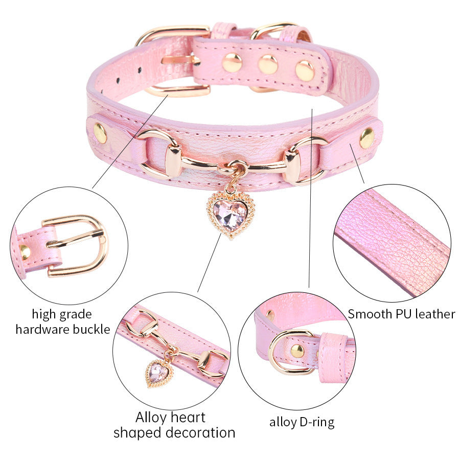 Adjustable PU Leather Dog Collar with Crystal Heart Charm