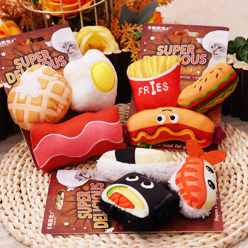Kara Pet food-shaped plush cat toys in sushi burger and breakfast designs