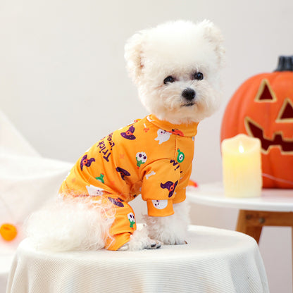 Side view of orange four-leg Halloween dog pajamas with ghost and pumpkin print