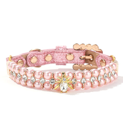 Pet Luxury Pink Pearl Collar with Bee Pendant For Dog