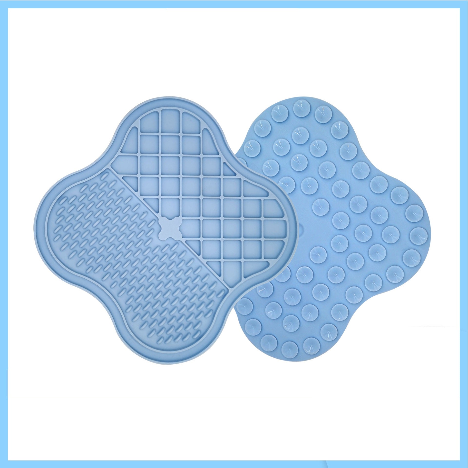 Blue four leaf clover silicone pet lick mat front and suction cup back view