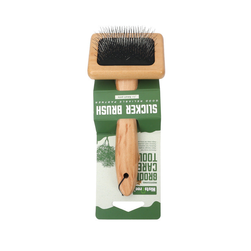 Small wood handle slicker brush for dogs and cats on green package
