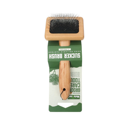 Small wood handle slicker brush for dogs and cats on green package