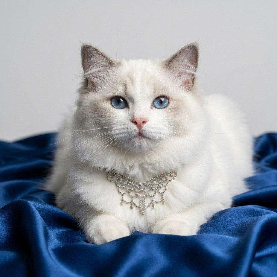 Silver sparkle pet necklace on white cat with blue satin background for dress-up photos
