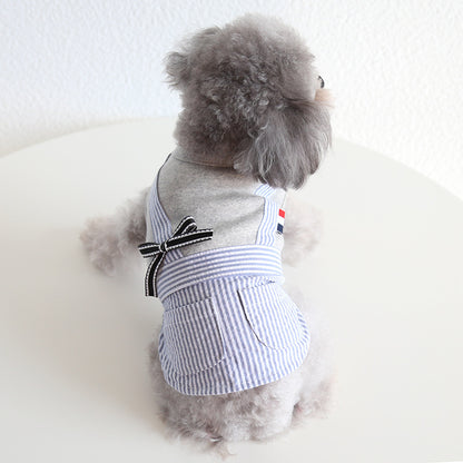 Small gray dog wearing striped pocket pet shirt from the back