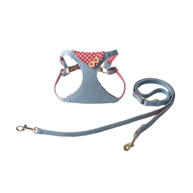 Pet Harness & Leash Set – Denim Plaid Design with Buttons