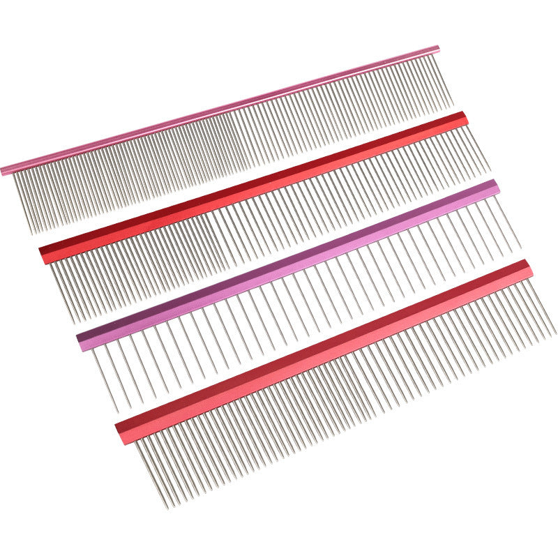 Group image of red purple and orange pet grooming combs with different tooth counts