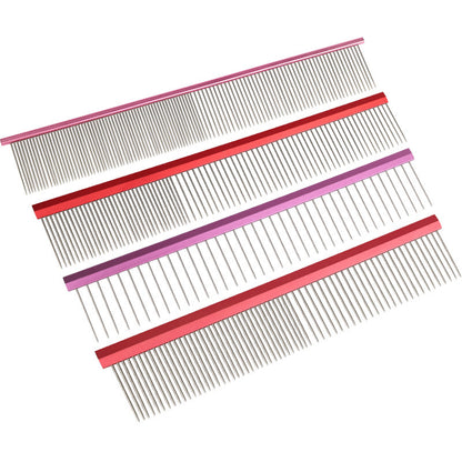 Group image of red purple and orange pet grooming combs with different tooth counts