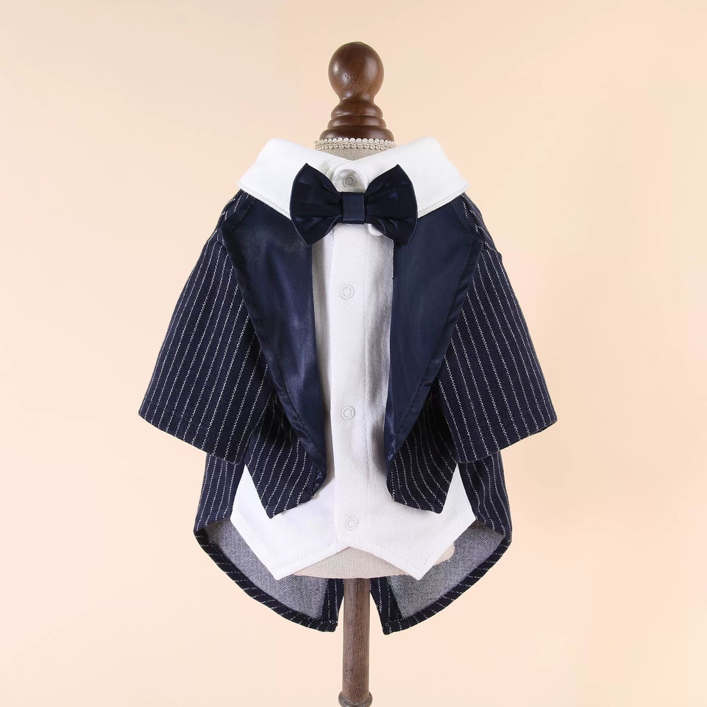 Navy Pinstripe Tuxedo (Layered-look) Dog Shirt with Bow Tie – Formal Pet Suit