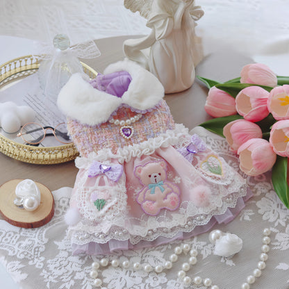 Handmade Teddy Puppy Dress Pink Lace Tweed Skirt